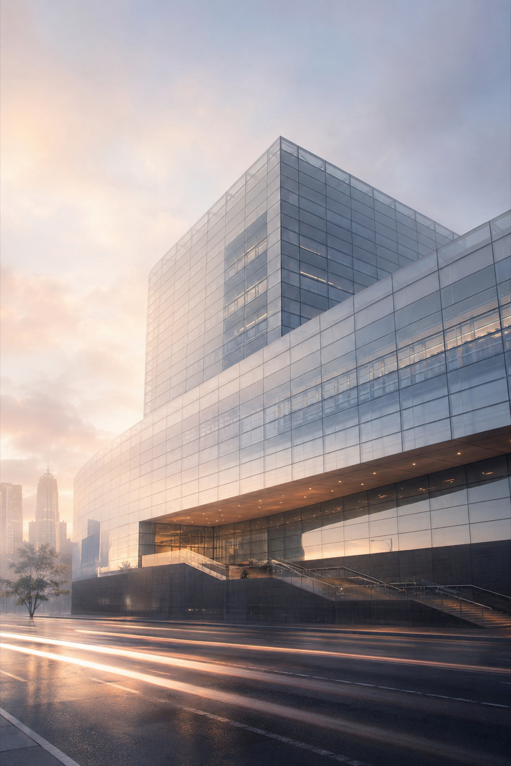 Modern enterprise headquarters at dawn